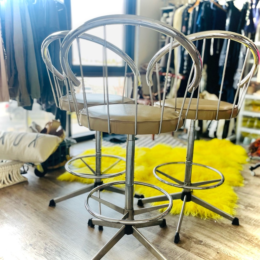 COSCO | Set of 3 | Vintage Modern Chrome Tan Faux Leather Vinyl Counter Stools